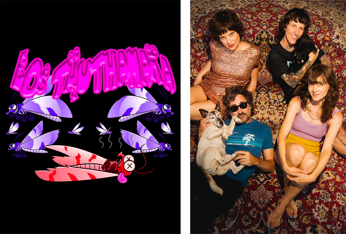 Two images: the first is an illustration of nine mosquitoes. They are drawn in a cartoonish style. Eight purple ones are flying around, and one red one lies dead on the ground. Above the mosquitoes, the title &ldquo;Los Thuthanaka&rdquo; is written in pink. The second image is a photo of the four members of Tropical Fuck Storm. All four are looking up at the camera. One band member is cuddling a dog.